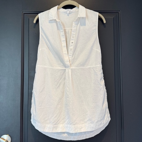 Camber & Grace White Collard Linen Blend Sleeveless Shirt Top w Side Slit - Picture 1 of 5